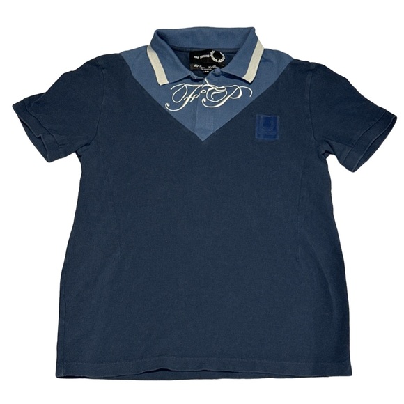 RAF SIMONS X FRED PERRY men's navy, blue, grey embroidered polo shirt, size 38. - Picture 1 of 5